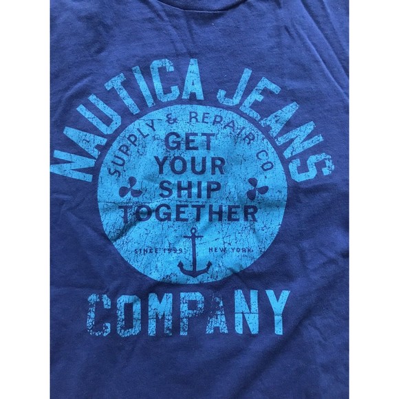 Nautica Jeans Co Size Small Graphic Tshirt “Get Your Ship Together” Blue Slim - Picture 2 of 4